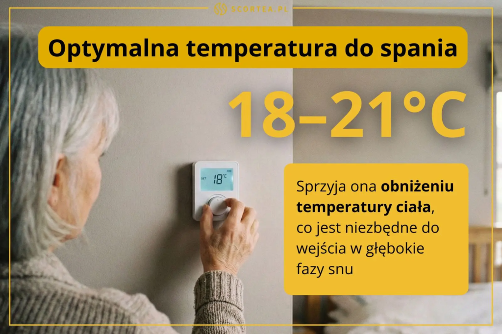 Infografika o optymalnej temperaturze do spania (18-21°C). Przedstawia kobietę ustawiającą termostat oraz tekst o wpływie chłodu na głębokie fazy snu.