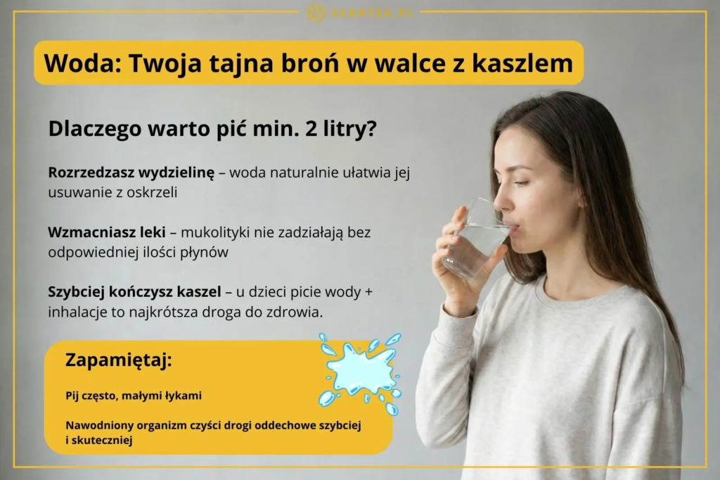 Kobieta pije wodę ze szklanki. Obok tekst o korzyściach picia 2 litrów wody w walce z kaszlem i rozrzedzaniu wydzieliny.