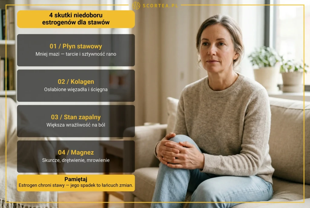 Kobieta około pięćdziesiątki trzyma obie dłonie na kolanie, odczuwając ból stawów związany z menopauzą

