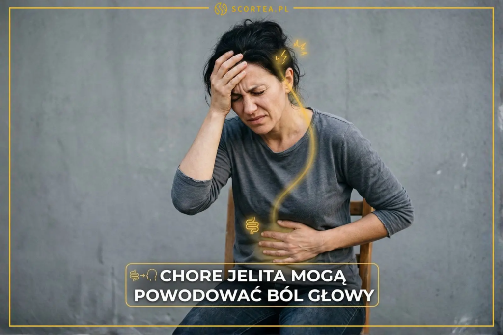 Kobieta trzymająca się za głowę i brzuch z bólem. Grafika z napisem: Chore jelita mogą powodować ból głowy. Złota linia łączy brzuch z głową.