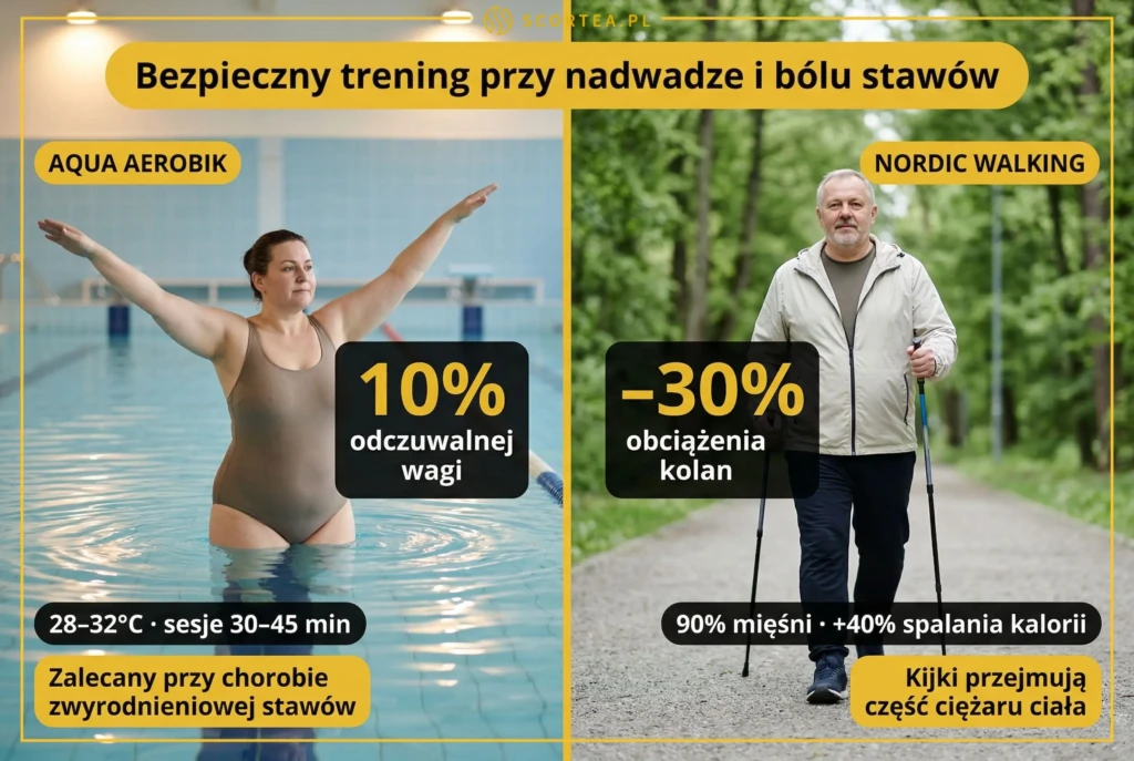 Aqua aerobik w basenie i nordic walking jako ćwiczenia na stawy przy nadwadze — zmniejszają obciążenie kolan o 30%.

