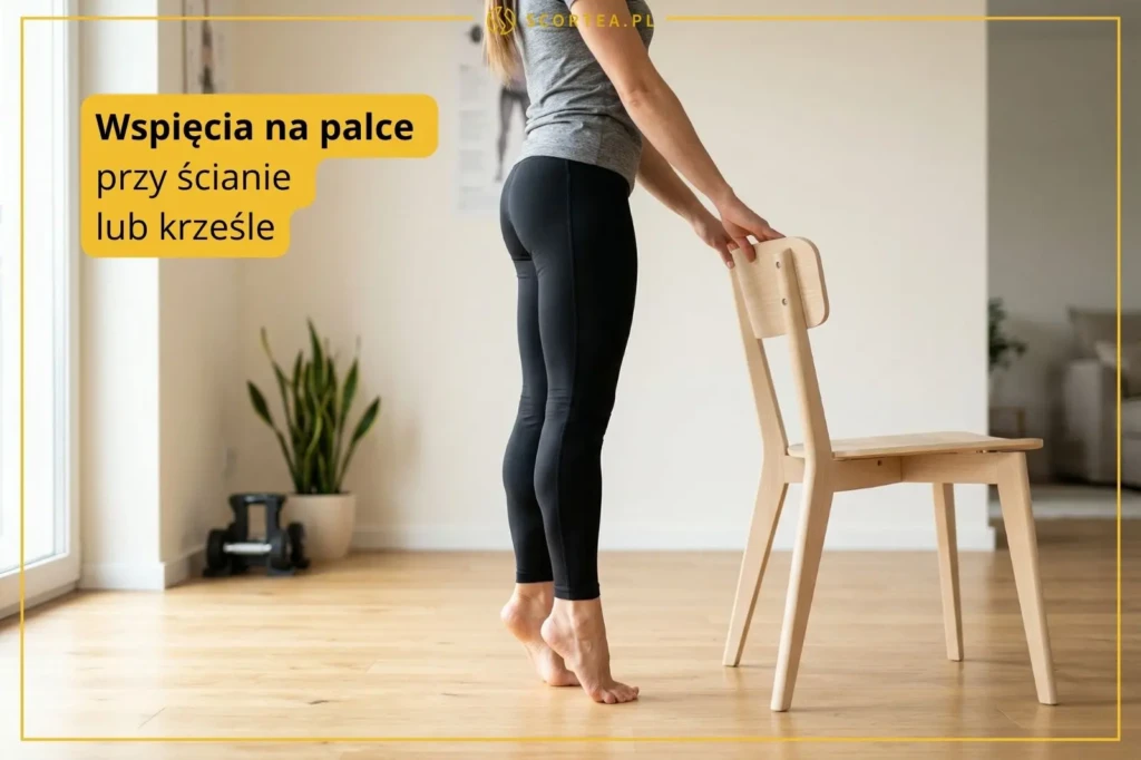 Kobieta wykonuje wspięcia na palce, trzymając dłonie na oparciu drewnianego krzesła. Ćwiczenie wzmacniające mięśnie łydek w domowych warunkach.