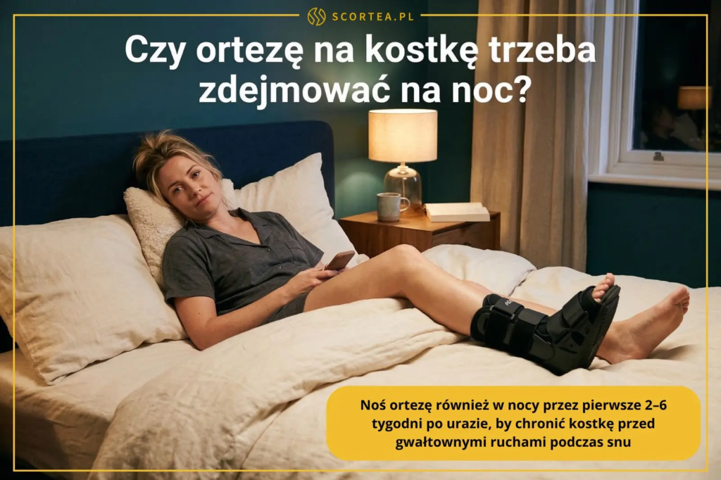 Kobieta leżąca w łóżku w ortezie na stopie. Napis wyjaśnia, że ortezę należy nosić w nocy przez pierwsze 2-6 tygodni, aby chronić kostkę przed ruchami.