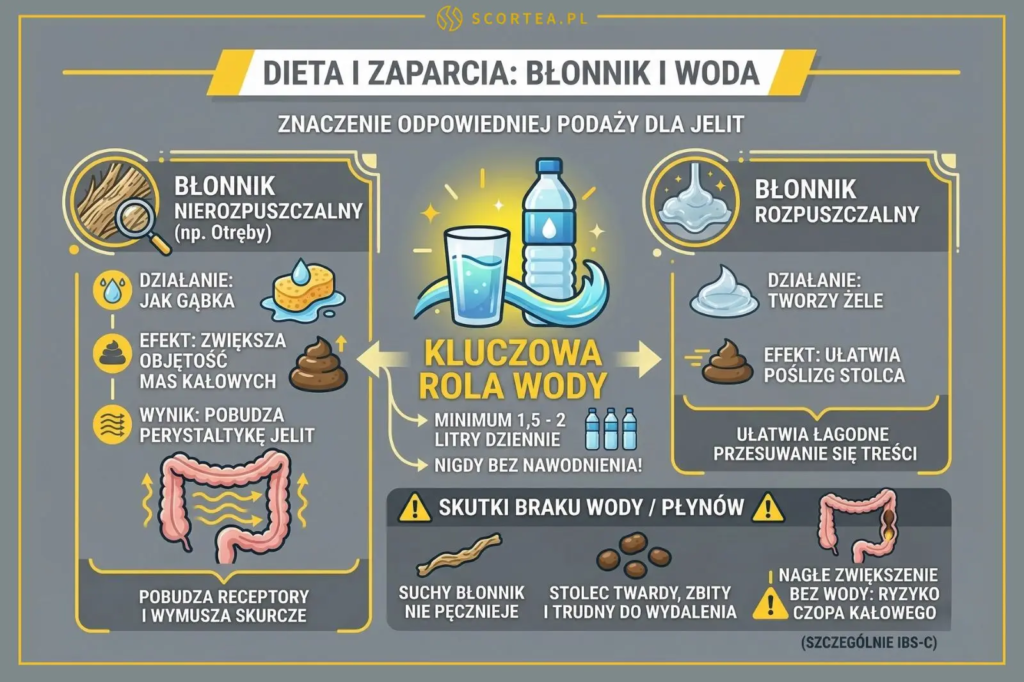 Infografika o roli błonnika i wody w trawieniu. Wyjaśnia działanie błonnika nierozpuszczalnego i rozpuszczalnego oraz skutki braku nawodnienia.