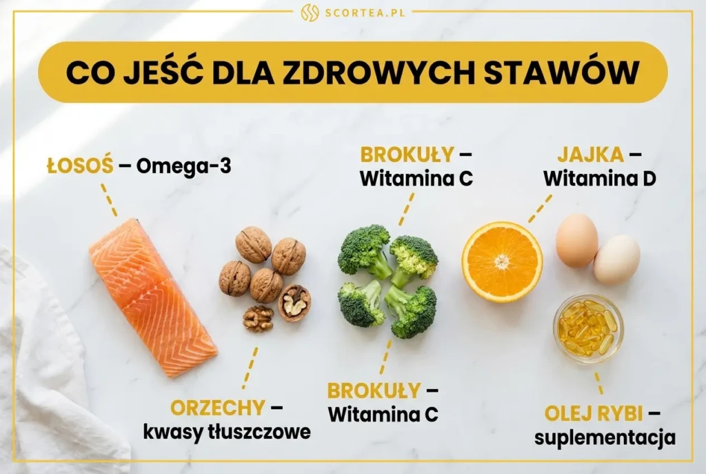 Infografika z produktami na zdrowe stawy: łosoś z omega-3, orzechy, brokuły z witaminą C i K, jajka z witaminą D oraz cytrusy ułożone na marmurowym blacie.