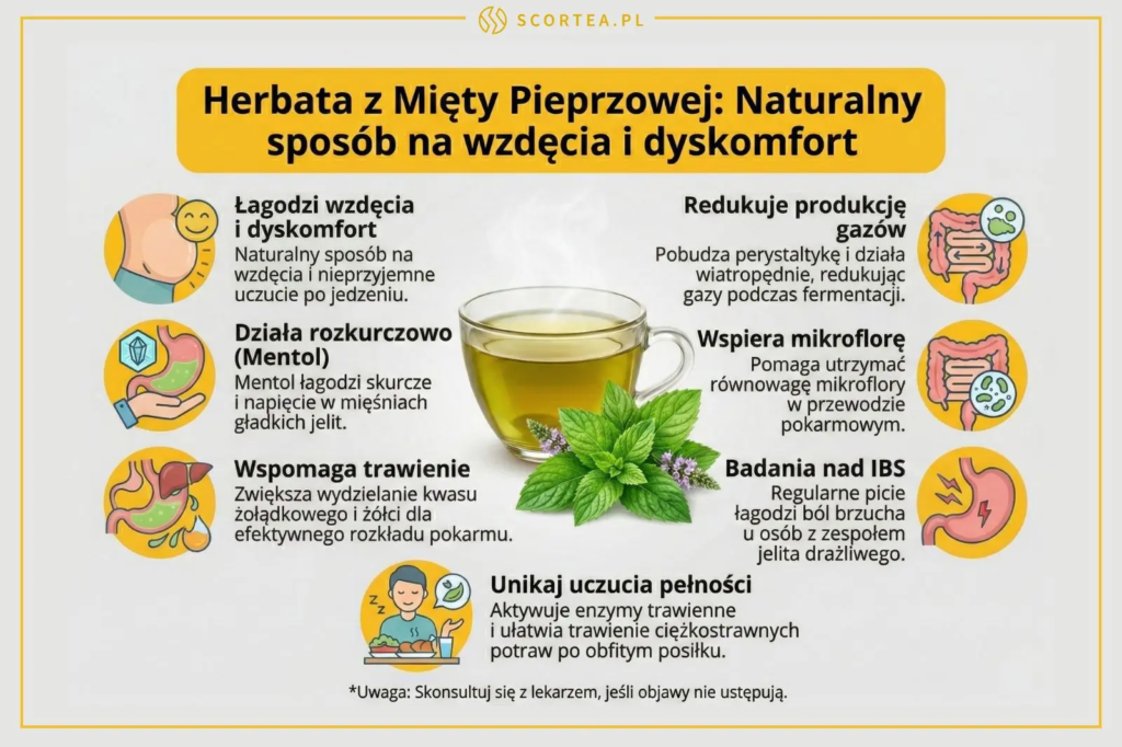 Infografika o właściwościach herbaty z miety: łagodzi wzdęcia, działa rozkurczowo, wspomaga trawienie, redukuje gazy i wspiera mikroflorę jelitową.
