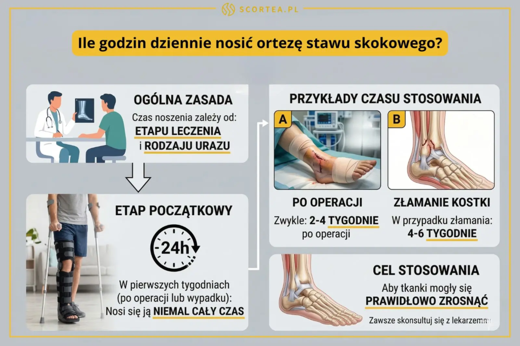 Infografika o czasie noszenia ortezy. Na etapie początkowym zalecane 24h na dobę. Po operacji zwykle 2-4 tygodnie, przy złamaniu kostki 4-6 tygodni.