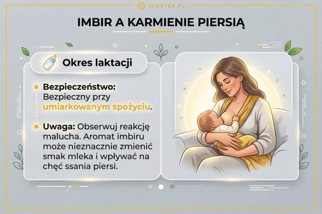Infografika o imbirze podczas karmienia piersią. Informuje o bezpieczeństwie przy umiarkowanym spożyciu i możliwej zmianie smaku mleka. Rysunek matki.