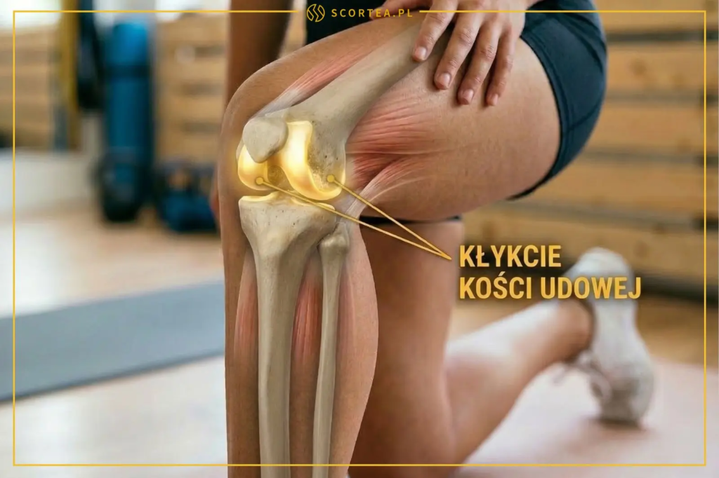 Anatomia kolana z podświetlonymi kłykciami kości udowej. Grafika nałożona na zdjęcie osoby klęczącej na macie do ćwiczeń.