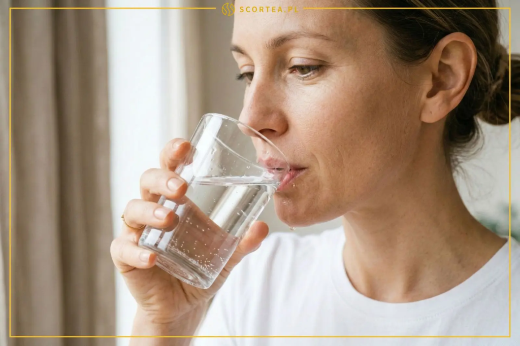Zbliżenie na kobietę pijącą czystą wodę ze szklanki. Zdjęcie w jasnej kolorystyce, promujące nawodnienie i zdrowy styl życia.