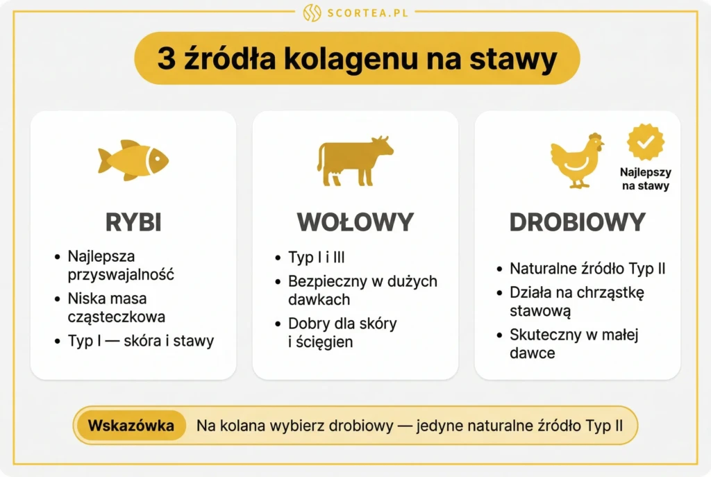 Porównanie 3 źródeł kolagenu na stawy — rybi, wołowy i drobiowy: różnice, właściwości i zastosowanie