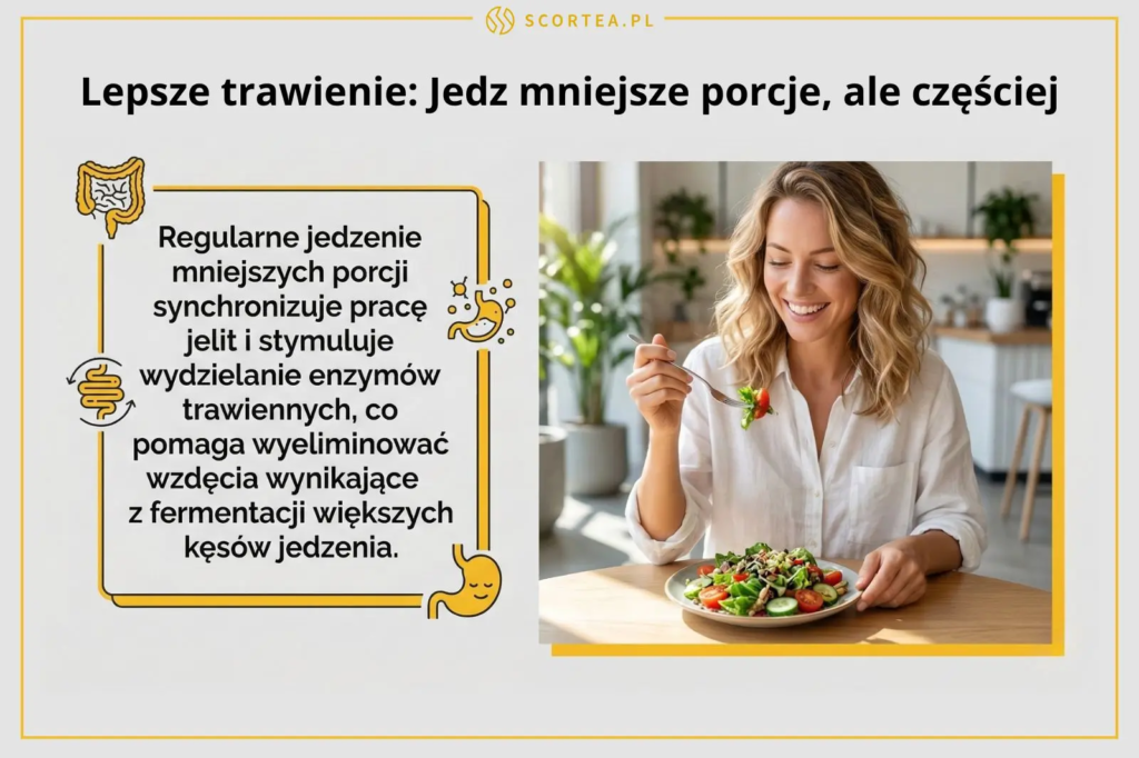 Infografika o trawieniu: uśmiechnięta kobieta je sałatkę. Tekst wyjaśnia, że mniejsze porcje stymulują enzymy i eliminują wzdęcia.