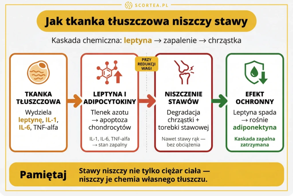 Infografika: kaskada chemiczna leptyna a stawy — tkanka tłuszczowa wydziela cytokiny, które prowadzą do niszczenia chrząstki.