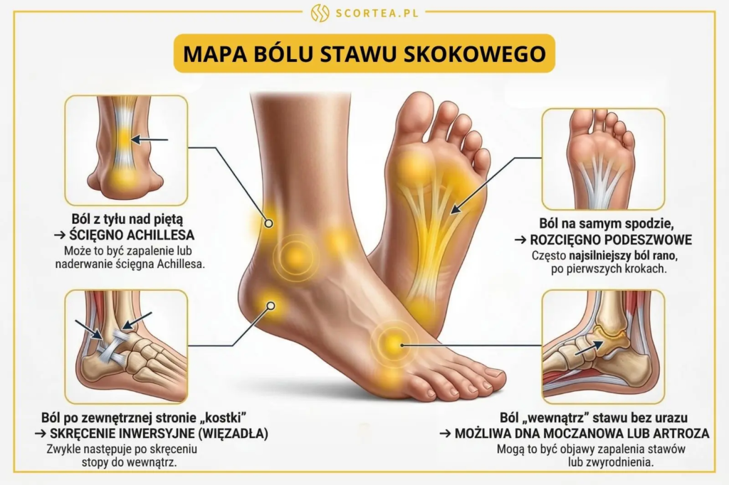 Infografika „Mapa bólu” pokazująca lokalizację dolegliwości stopy: ścięgno Achillesa, rozcięgno podeszwowe, skręcenie więzadeł oraz dnę moczanową.