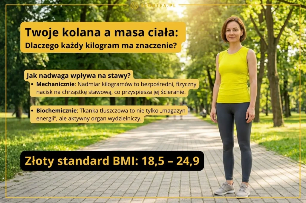 Kobieta w stroju sportowym stoi w parku. Grafika wyjaśnia wpływ nadwagi na stawy kolanowe i podaje złoty standard BMI od 18,5 do 24,9.