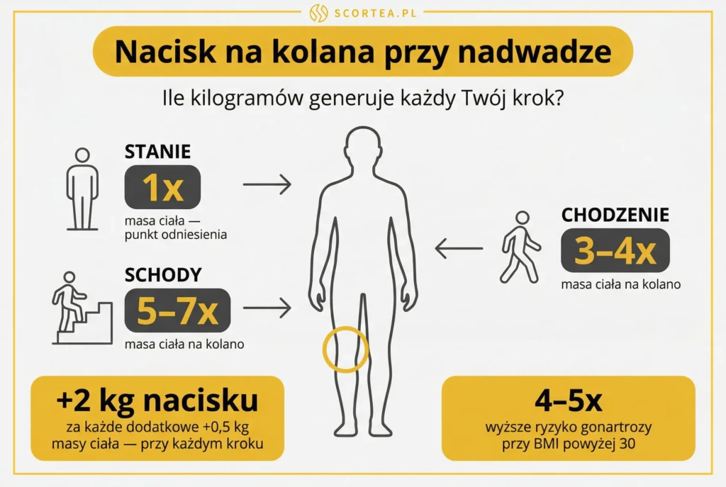 Nacisk na kolana przy nadwadze: chodzenie generuje 3–4x, a schody 5–7x masę ciała — dane na infografice edukacyjnej.