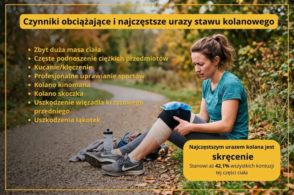 Infografika o urazach kolana. Zawiera listę czynników obciążających i informację, że skręcenie to 42,1% kontuzji. Na zdjęciu kobieta z lodem na kolanie.