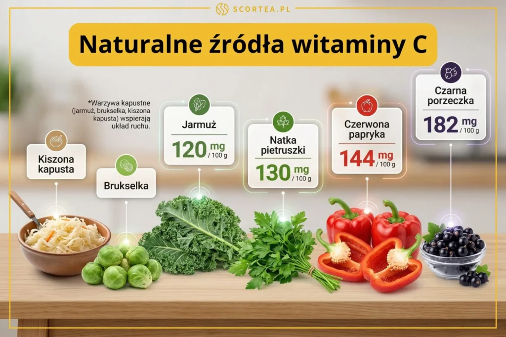 Infografika o źródłach witaminy C: czarna porzeczka (182mg), czerwona papryka (144mg), natka pietruszki (130mg), jarmuż (120mg), brukselka i kapusta.