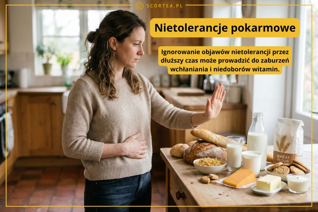 Kobieta trzymająca się za brzuch wykonuje gest odmowy w stronę produktów zawierających gluten i laktozę. Napis o skutkach ignorowania nietolerancji.