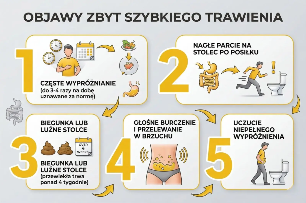 Infografika: 5 objawów szybkiego trawienia. 1. Częste wypróżnianie. 2. Nagłe parcie. 3. Biegunka. 4. Burczenie w brzuchu. 5. Niepełne wypróżnienie.