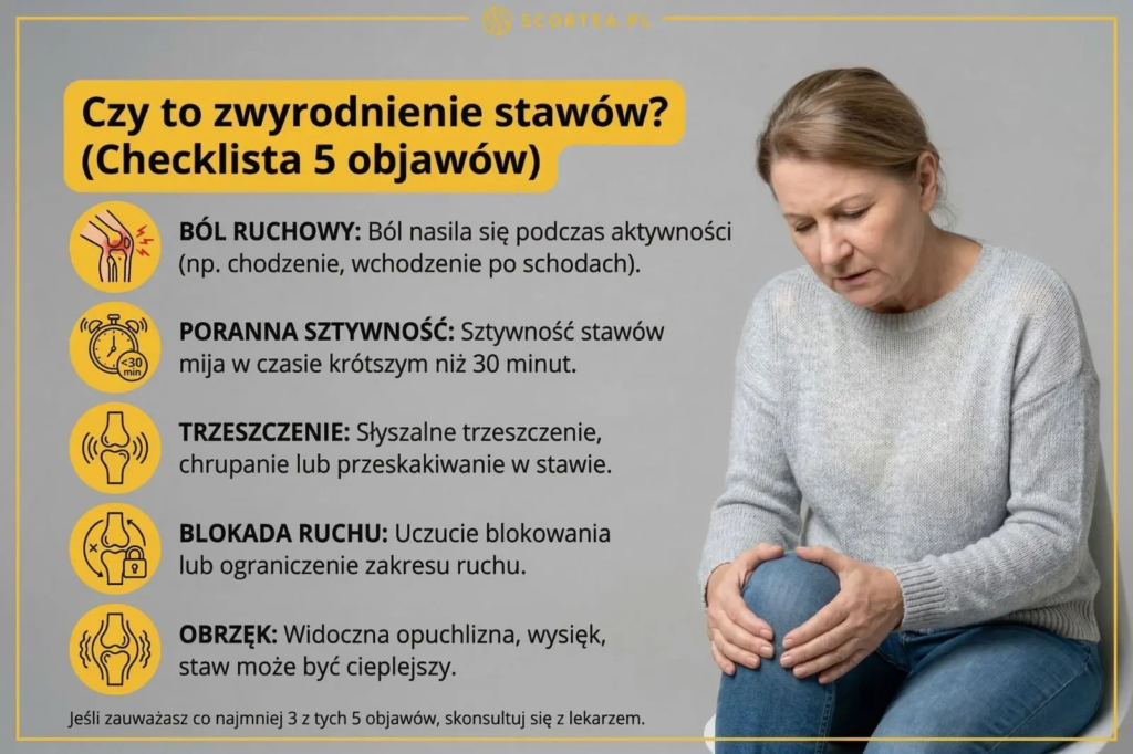 Infografika o objawach zwyrodnienia stawów: ból ruchowy, sztywność poranna, trzeszczenie, blokada ruchu i obrzęk. Kobieta trzyma się za bolące kolano.