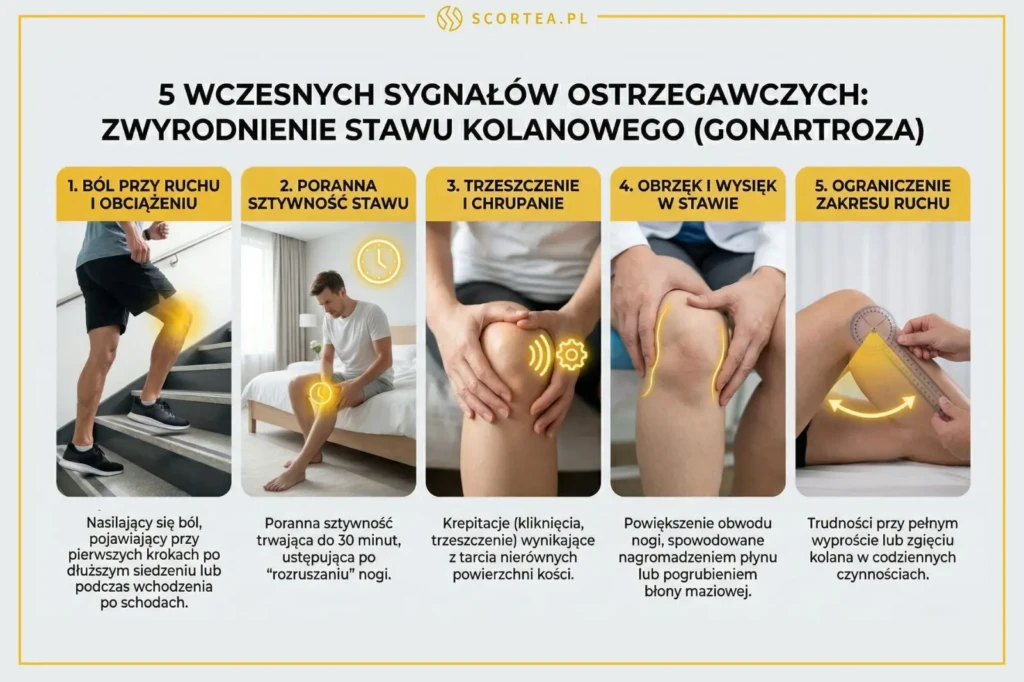 Infografika prezentująca 5 sygnałów zwyrodnienia kolana: ból przy ruchu, poranna sztywność, trzeszczenie, obrzęk oraz ograniczenie zakresu ruchu.