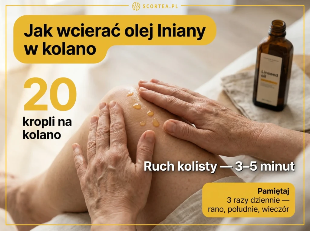 Technika wcierania oleju lnianego w kolano: 20 kropli, ruch kolisty przez 3–5 minut, stosowane 3 razy dziennie.