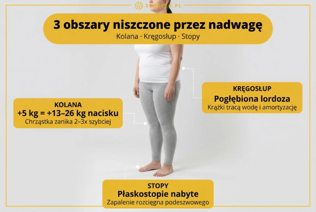 Otyłość a ból stawów — infografika pokazuje 3 obszary niszczone przez nadwagę: kolana, kręgosłup i stopy z danymi o nacisku.

