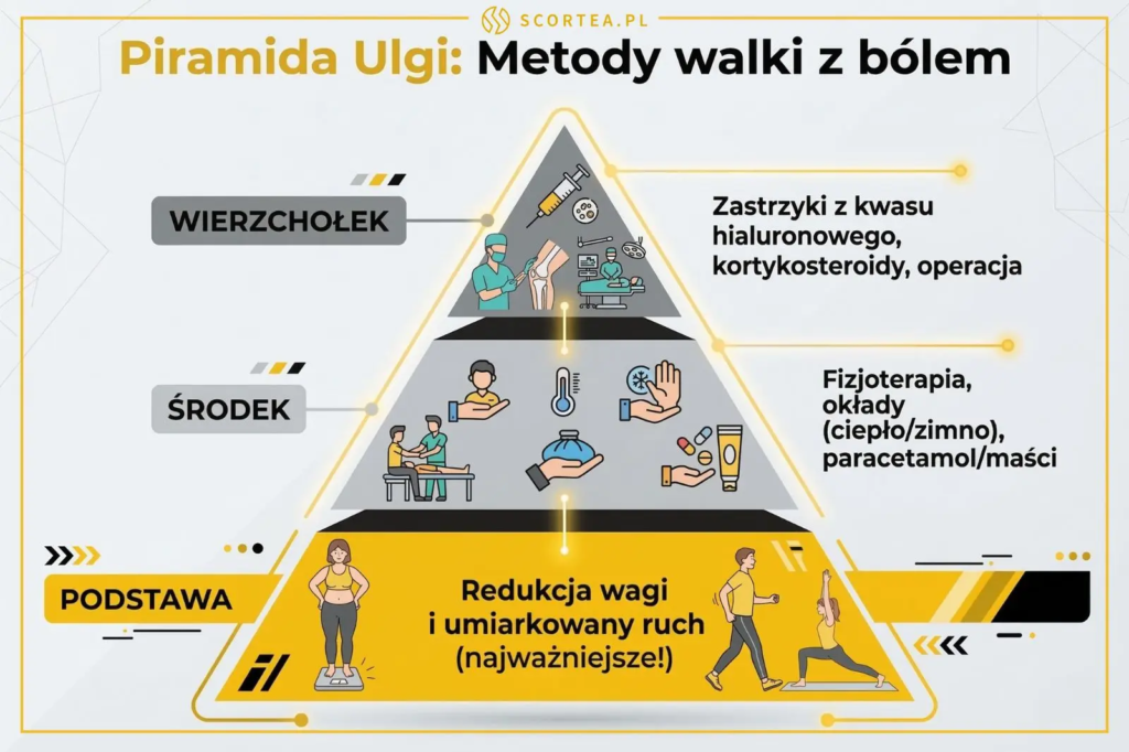 Piramida ulgi w bólu stawów. Podstawa: redukcja wagi i ruch. Środek: fizjoterapia, okłady, leki. Wierzchołek: zastrzyki, kortykosteroidy, operacja.
