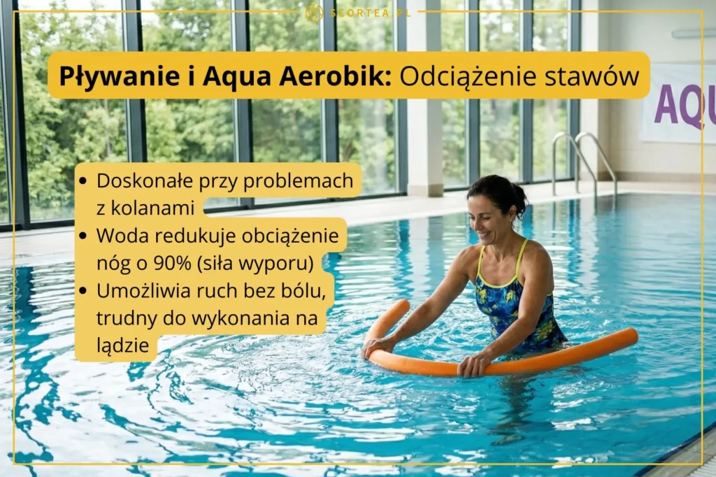 Kobieta ćwiczy w basenie z pomarańczowym makaronem do pływania. Grafika z napisem o zaletach aqua aerobiku w redukcji obciążenia nóg i stawów.