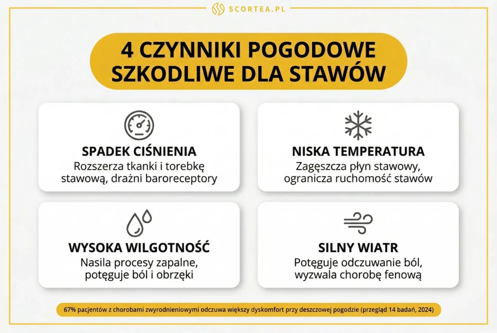 4 czynniki pogodowe szkodliwe dla stawów — siatka 2×2 z ikonami i opisami