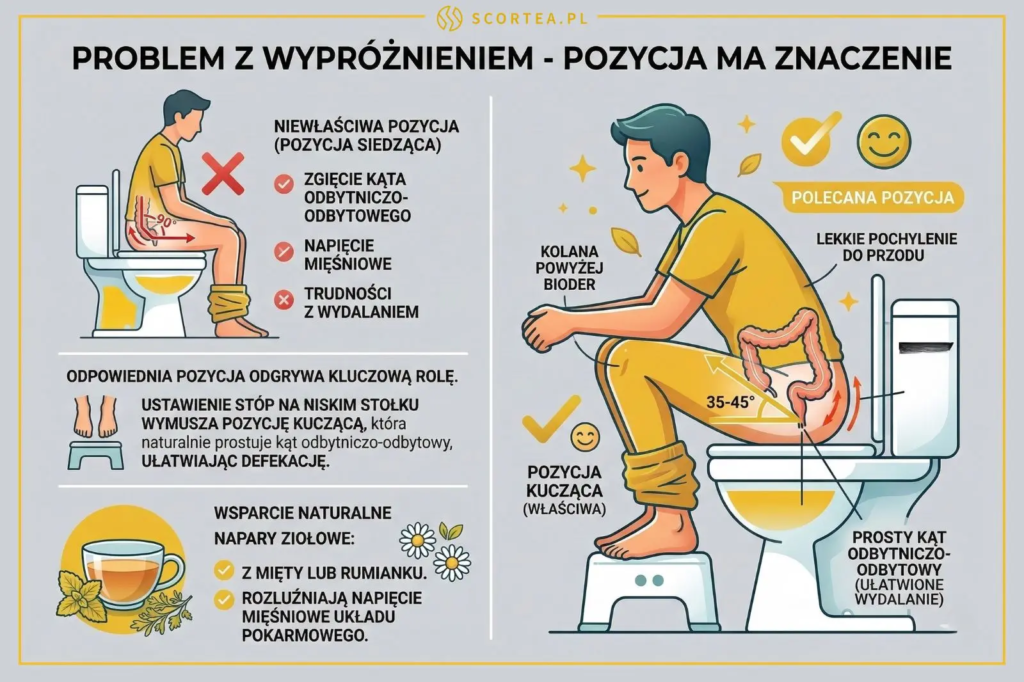 Infografika porównująca pozycję siedzącą i kucającą na toalecie. Ilustracja pokazuje, że uniesienie kolan na stopniu ułatwia wypróżnianie.