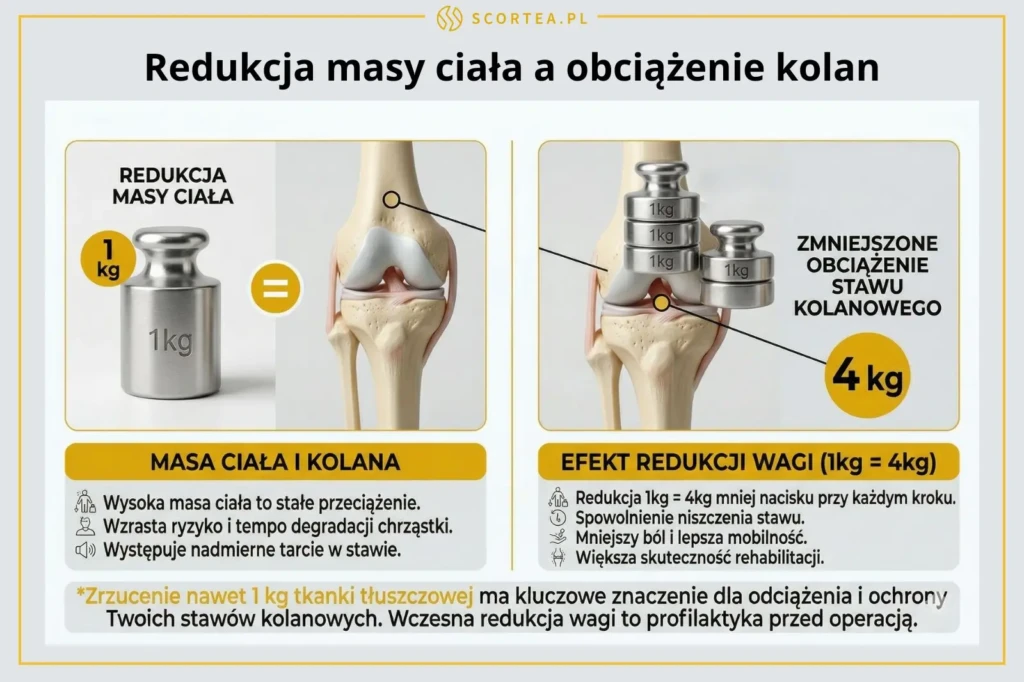 Ilustracja pokazująca, że utrata 1 kg masy ciała redukuje obciążenie stawu kolanowego o 4 kg podczas chodzenia.