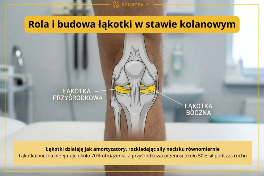 Grafika edukacyjna o roli łąkotek w kolanie. Wskazuje łąkotkę przyśrodkową i boczną jako amortyzatory rozkładające siły nacisku w stawie.