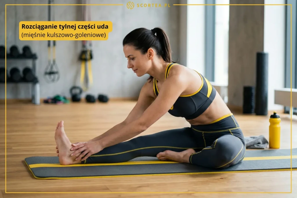 grafika przedstawiajaca ciwczenie rozciagania tylnej czesci uda