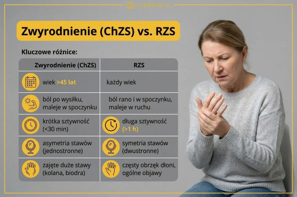 Tabela porównująca zwyrodnienie stawów (ChZS) z RZS. Zawiera różnice w wieku, typie bólu, sztywności oraz symetrii stawów. Obok kobieta masująca dłoń.