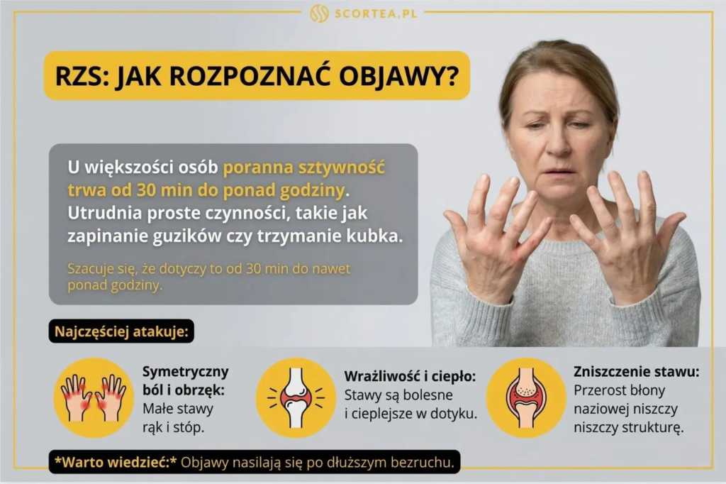Infografika o objawach RZS. Kobieta trzymająca obolałe dłonie. Ikony opisują symetryczny ból, obrzęk, sztywność poranną i zniszczenie stawu.