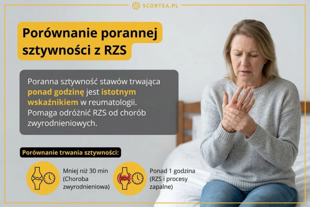 Infografika porównująca czas trwania porannej sztywności w RZS i zwyrodnieniach. Kobieta na łóżku masuje bolącą dłoń. Ikony wskazują czas powyżej 1h.