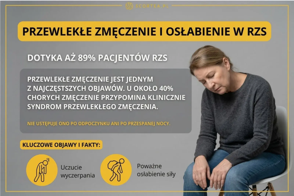 Infografika o zmęczeniu w RZS. Przedstawia wyczerpaną kobietę oraz dane: objaw ten dotyka 89% pacjentów i nie ustępuje po odpoczynku ani przespanej nocy.
