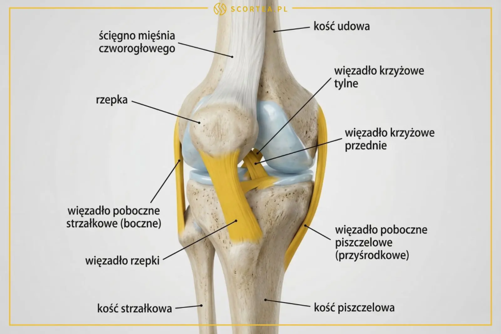 Szczegółowy model anatomiczny kolana z opisami więzadeł krzyżowych, pobocznych, rzepki oraz ścięgna mięśnia czworogłowego na jasnym tle.