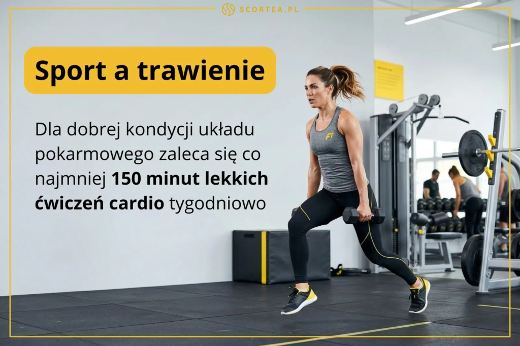 Kobieta wykonująca wykroki z hantlami na siłowni. Tekst: Dla dobrej kondycji układu pokarmowego zaleca się 150 minut lekkich ćwiczeń cardio tygodniowo.