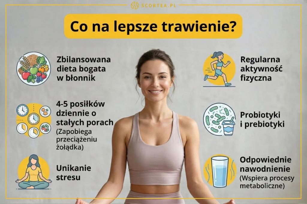Infografika o trawieniu: błonnik, 4-5 posiłków, brak stresu, sport, probiotyki i nawodnienie. W centrum uśmiechnięta kobieta w stroju sportowym.