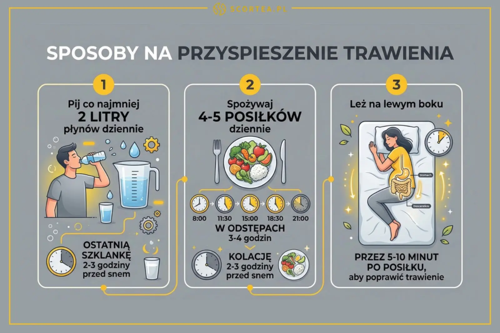 Infografika przedstawiająca 3 sposoby na lepsze trawienie: picie 2 litrów płynów, spożywanie 5 posiłków co 3-4 h oraz leżenie na lewym boku po jedzeniu.