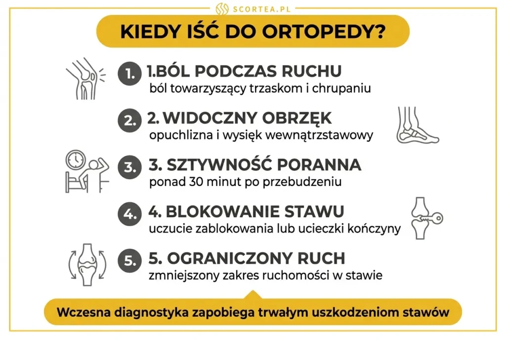 Infografika z 5 sygnałami alarmowymi przy strzelaniu w stawach: ból, obrzęk, sztywność poranna, blokowanie i ograniczony zakres ruchu.