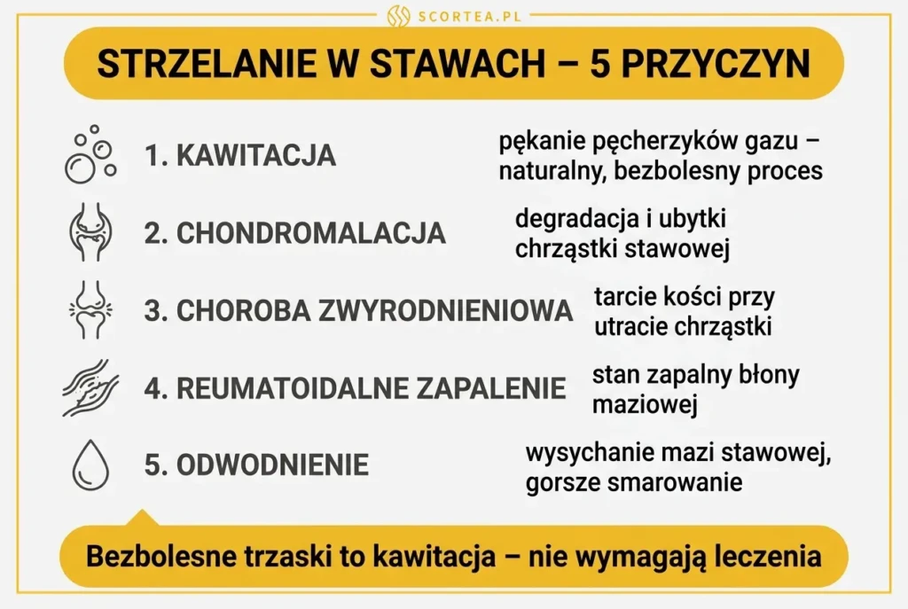 Infografika przedstawiająca 5 przyczyn strzelania w stawach: kawitację, chondromalację, chorobę zwyrodnieniową, reumatoidalne zapalenie stawów i odwodnienie organizmu.