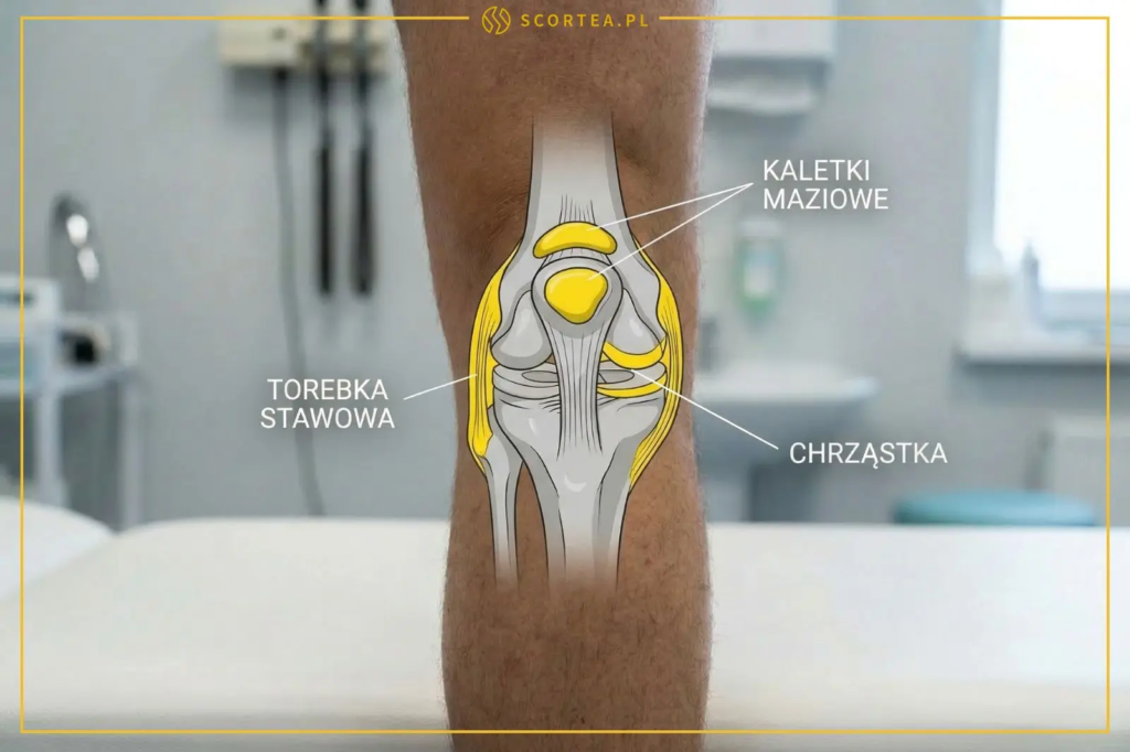 Schemat anatomiczny kolana z zaznaczoną torebką stawową, kaletkami maziowymi oraz chrząstką, nałożony na zdjęcie nogi w gabinecie.