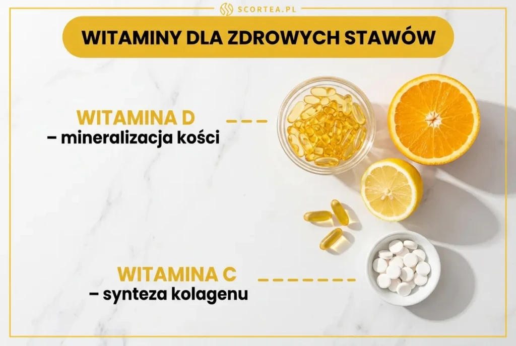 Infografika witaminy na stawy: kapsułki witaminy D, cytrusy z witaminą C i witamina K dla zdrowych stawów.
