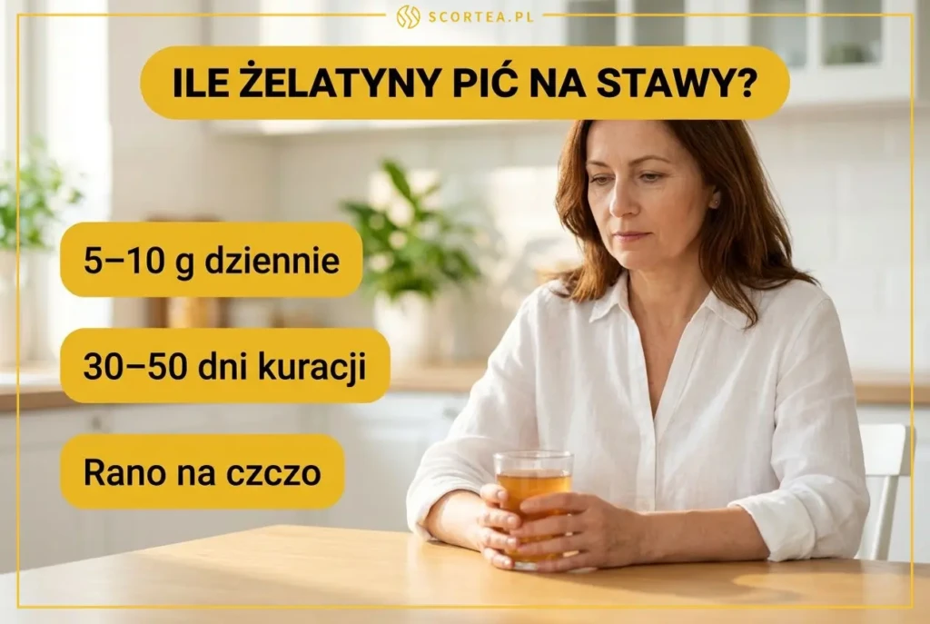 Dojrzała kobieta pije rozpuszczoną żelatynę na stawy przy kuchennym stole,