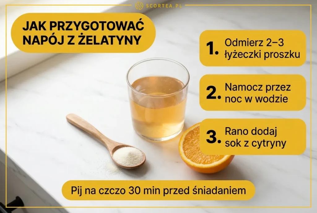 Szklanka z napojem z żelatyny na stawy, obok łyżka proszku żelatynowego i przekrojona pomarańcza z sokiem — przepis na domowy napój z witaminą C.