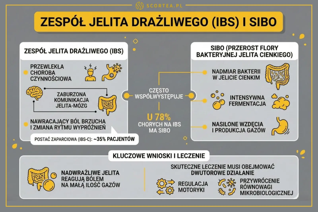 Infografika porównująca IBS i SIBO. Informuje, że 78% chorych na IBS ma SIBO. Przedstawia zaburzoną komunikację jelita-mózg i proces fermentacji.